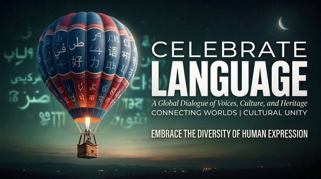 Hot air balloon floating over digital language celebration with festive typography and global communication concept