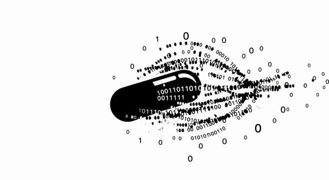 Digital capsule dissolving into streams of binary code, representing data or medicine transformation.
