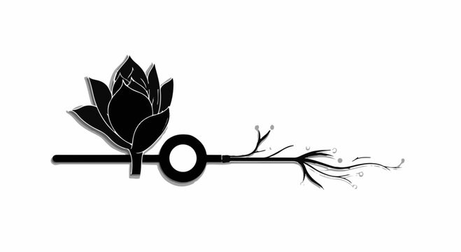 Elegant black lotus flower with a minimalist branch design forming a key shape