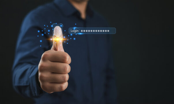 Businessman using the thumb to scan for login processing biometric identification, Security system for prevent hacker, Cyber security verification concept, Protection from online digital cyber attack.