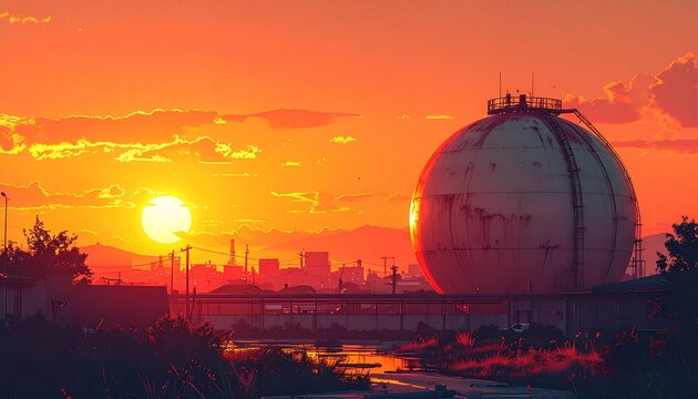球体ガスタンク夕焼け街並み背景素材