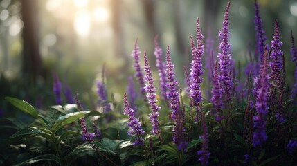Obraz premium Purple salvia flowers blooming in a sunny forest garden. Vibrant meadow plants in soft morning light. Botanical nature backdrop, spring season growth and tranquil floral scenery.