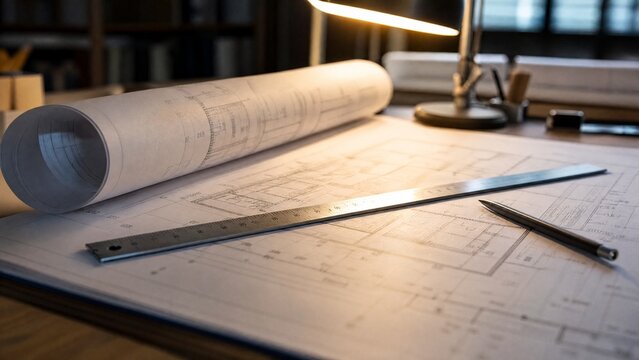 drafting. An architectural blueprint unrolled on a drafting table with tools, illuminated by warm desk light. real-estate listings.
