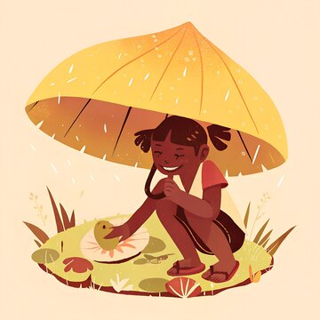 Mia & Jon's Night Adventure #6 - Girl with Yellow Umbrella Playing with Frog on Lily Pad, Children's Watercolor Illustration
