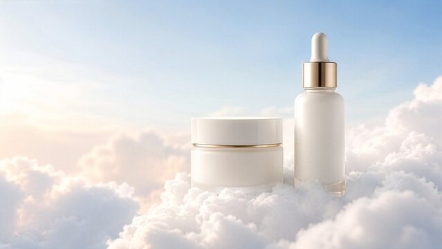 Surreal Skincare Product Mockup Resting on Soft White Clouds