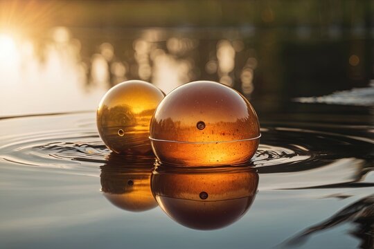 Fishing float bobbing on calm lake