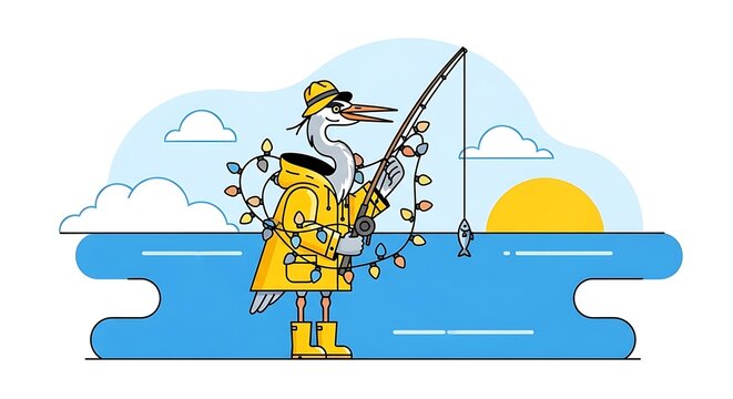 Cartoon bird in yellow raincoat and hat fishing with a string of lights as a decorative accessory