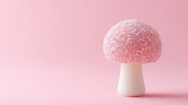 Decorative pink mushroom sculpture covered in sprinkles and small candies. Minimalist surreal forest object against plain background. Creative food art concept for playful interior decor.