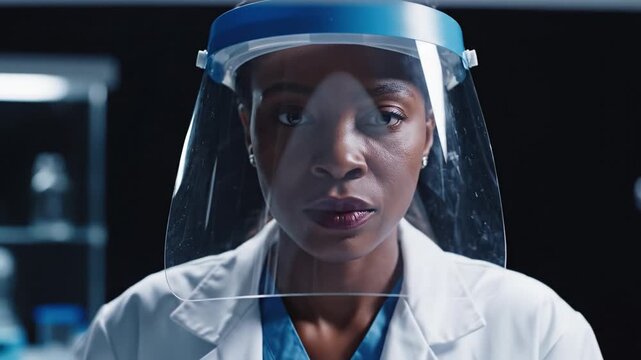 Medical professional wearing protective face shield and lab coat working in laboratory environment with scientific equipment ensuring healthcare safety and laboratory protection standards
