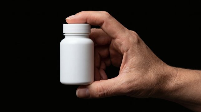Hand Holding White Medicine Bottle Against Black Background.