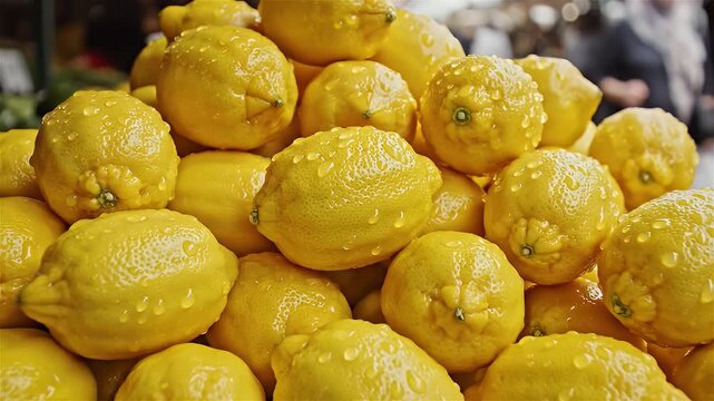 An abundant pile of vibrant ripe lemons is displayed at a market stall. The camera slowly pushes in on the bright, fresh citrus fruit.