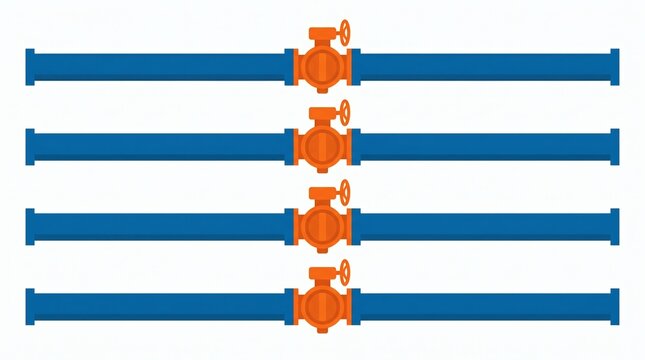 Industrial Blue Pipes with Orange Valves in a Row, Isolated on White Background.