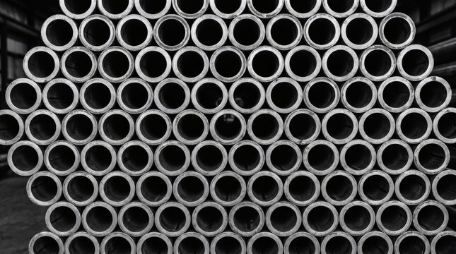 Industrial Steel Pipes Stacked in a Warehouse, Black and White.