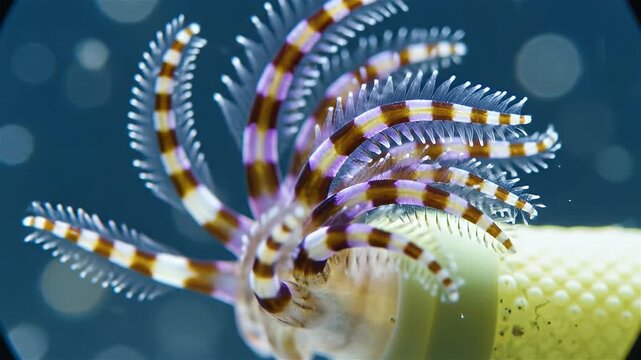 A Polychaeta worm from the Sabellidae family is shown inside a lime tube. Its tentacles and cilia are visible under a microscope.