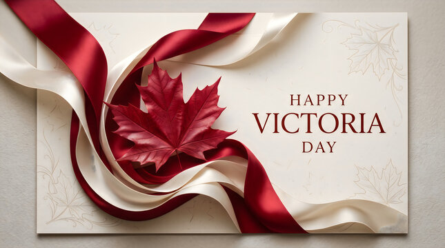 Greeting card with red maple leaf and ribbons