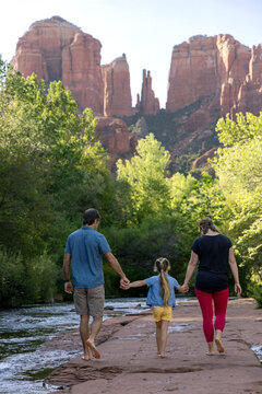 Family holding hands walking away toward wilderness
