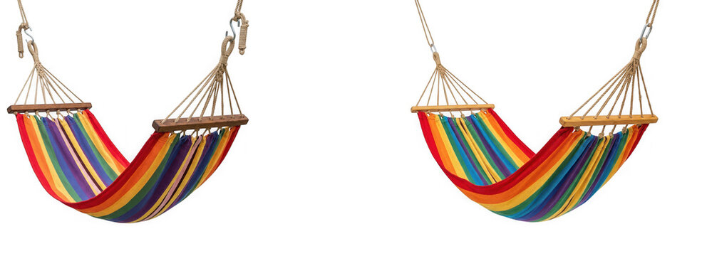 Two rainbow striped hammocks hanging isolated on transparent background