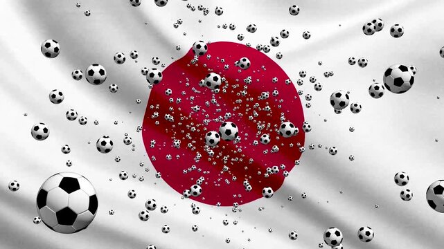 Japan Flag Waving Background with Spinning Soccer Balls Loop