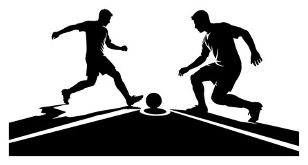 Soccer players fighting for ball on pitch in minimalist silhouette vector style © Wuszu