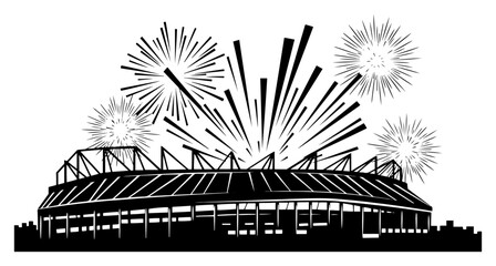 Stadium arena silhouette with fireworks celebration in the night sky graphic style © Wuszu