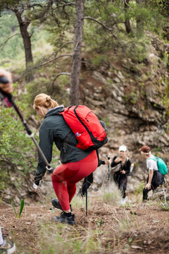 Woman in red leggings climbing a steep forest path