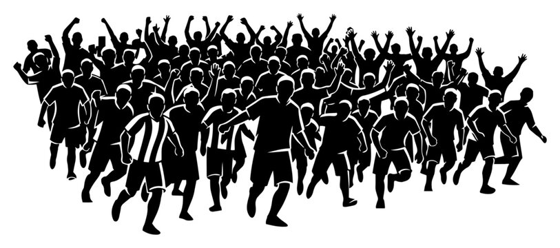 Soccer team players running and celebrating victory together black and white silhouette
