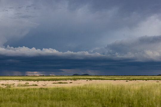 Dark storm clouds roll across a grassy plain
