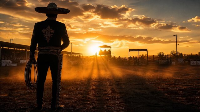 charro. Silhouette of a rider at the edge of a dusty arena during sunset, casting long shadows. inspiring travel planning, event programs, designed for cultural heritage projects and event programs.