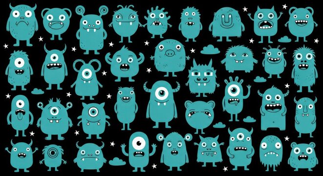 Large Collection of Cute Blue Cartoon Monsters and Aliens on Black Background with Stars and Clouds Vector Illustration