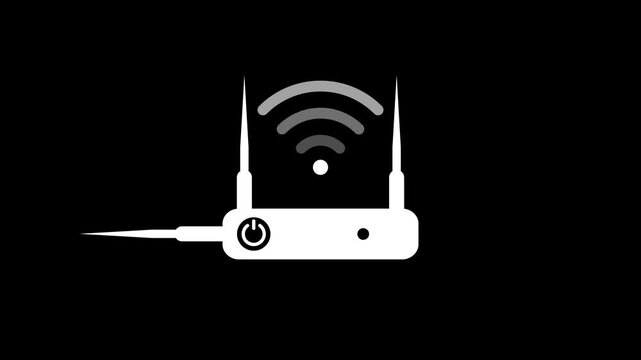 White Router and wi-fi signal symbol icon isolated on black background. Wireless ethernet modem router. Computer technology internet.