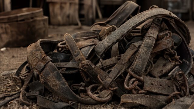 unusable. Pile of worn leather horse harnesses, cracked textures and rusted fittings. event key visuals, club posters, designed for sports event promotions and stadium branding.