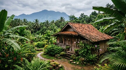 Fototapeta premium Rustic Wooden Cabin Nestled in Lush Green Tropical Jungle with Mountain Backdrop.