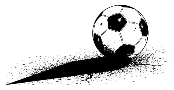 Soccer ball casting long shadow on ground with grunge spray texture style