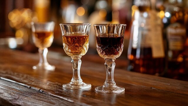 digestif. Small crystal glasses with amber liqueurs on a rustic wooden bar counter. bar promotions, beverage menus, designed for food & beverage menus and cafe branding, elevates brand perception.