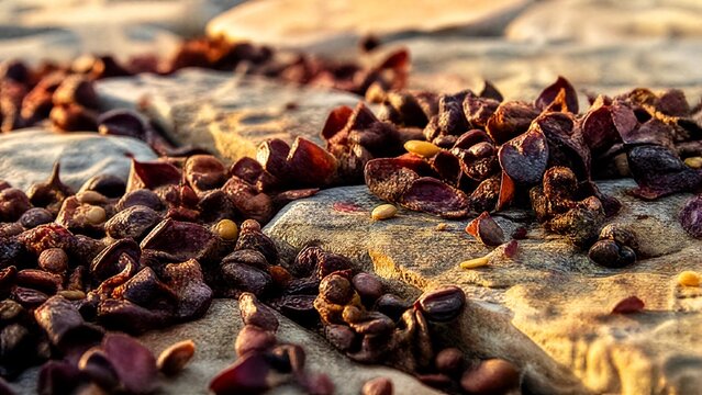 pomace. Dried grape pomace fragments scattered on sunlit stone slabs. menu design, packaging mockups, designed for culinary blogs and recipe cards for restaurants, used by videographers.