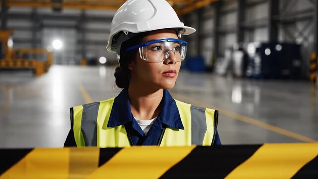 Female worker wearing safety helmet and glasses behind caution tape industrial warehouse environment focused task with protective gear ensuring safety warehouse industrial setting caution tape visible