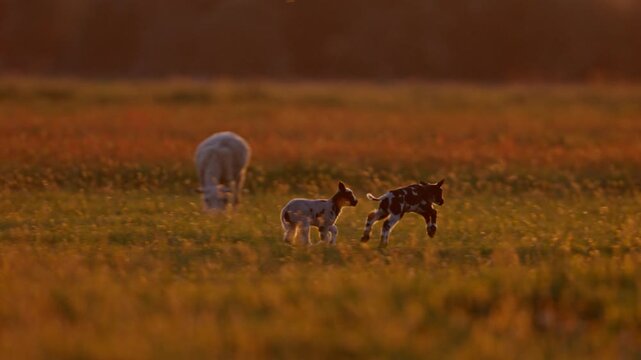 Pair of jubilant lambs energetically hop around in pasture at sunset, tracking