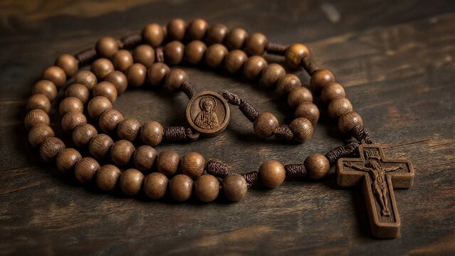rosary. Wooden rosary beads coiled on a dark wooden table, textured surface. event programs, museum guides, designed for cultural heritage projects and event programs, preserves heritage.