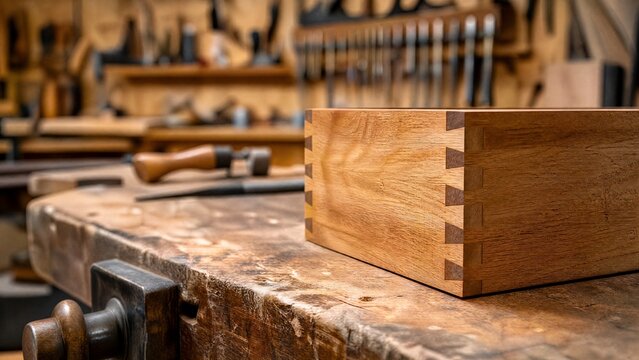 dovetail. Carpenter's workbench with detailed dovetail joint in focus, blurred tools in background. safety posters.