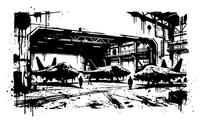 Obraz premium Fighter jets parked in military hangar with ink splatters in high contrast black and white style