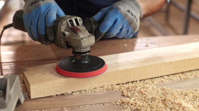 A man is using a power tool to sand a piece of wood