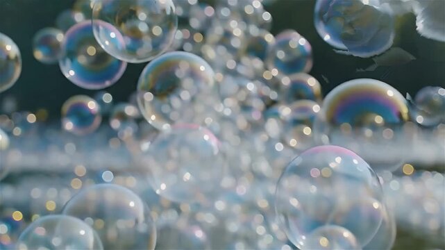 A continuous stream of shimmering soap bubbles moves through the air. They float and reflect light, creating a beautiful, gentle motion.