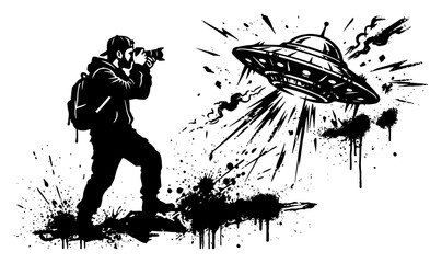 Photographer taking picture of flying saucer UFO with ink splatters grunge style © Wuszu