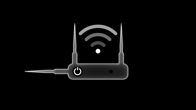 Neon outline of a wireless router with two antennas and a white power button on a black background with a white dot above it and a cable extending to the left.