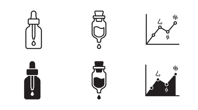 Medical and scientific data icons: dropper bottle iv drip bag growth chart with scientific solution medicine