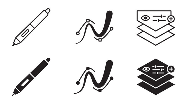Graphic design tools and concepts icons: pen tool, vector curve, and layering with visibility and addition