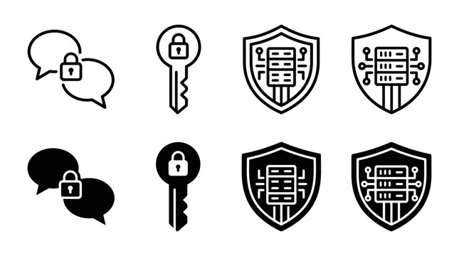 Digital security and communication icons: locked chat bubbles key secure server shield security