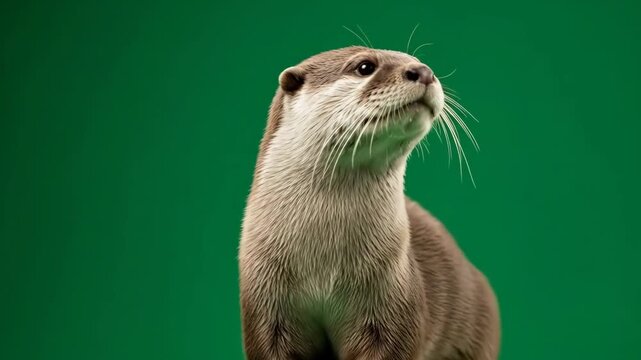 Curious otter gazing intently against vibrant green backdrop