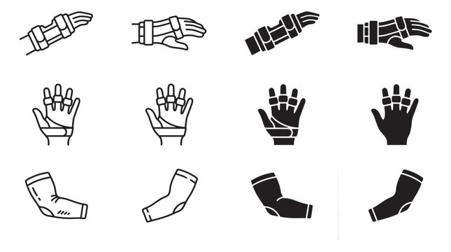 Outline and silhouette icons: orthopedic hand and elbow braces prosthetic hands orthopedic prosthetic