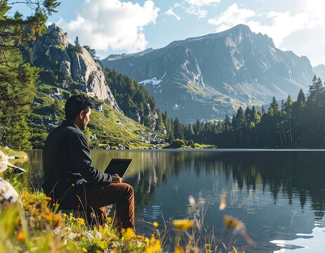 Serene mountain lake with wooden dock and wildflowers.